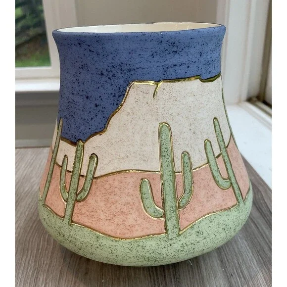 Southwestern style pottery cactus Desert gold accent large